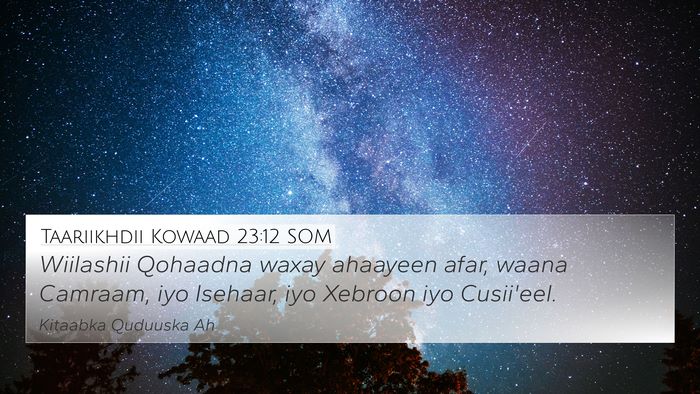 Taariikhdii Kowaad 23:12 SOM Bible Verse Image