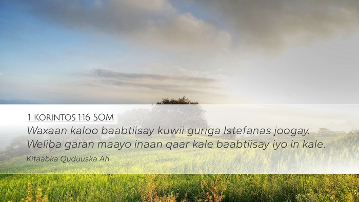 1 Korintos 1:16 SOM Desktop Wallpaper - Waxaan kaloo baabtiisay kuwii guriga Istefanas - Desktop Bible Verse Wallpaper