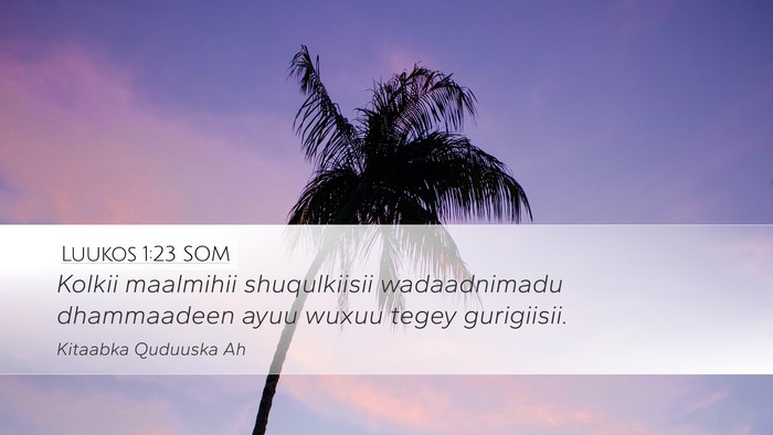 Luukos 1:23 SOM Desktop Wallpaper - Kolkii maalmihii shuqulkiisii wadaadnimadu - Desktop Bible Verse Wallpaper