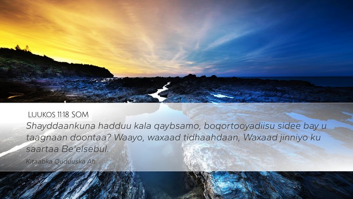 Luukos 11:18 SOM Desktop Wallpaper - Shayddaankuna hadduu kala qaybsamo, - Desktop Bible Verse Wallpaper