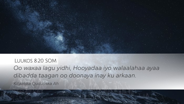 Luukos 8:20 SOM Desktop Wallpaper - Oo waxaa lagu yidhi, Hooyadaa iyo walaalahaa ayaa - Desktop Bible Verse Wallpaper