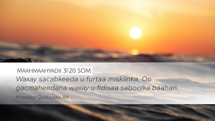 Maahmaahyadii 31:20 SOM Desktop Wallpaper - Waxay sacabkeeda u furtaa miskiinka, Oo - Desktop Bible Verse Wallpaper