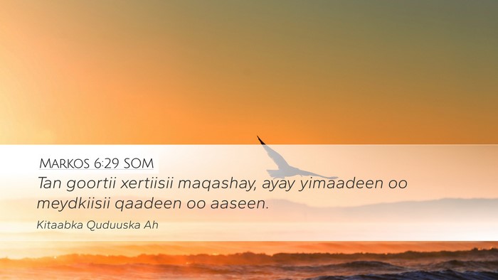 Markos 6:29 SOM Desktop Wallpaper - Tan goortii xertiisii maqashay, ayay yimaadeen oo - Desktop Bible Verse Wallpaper