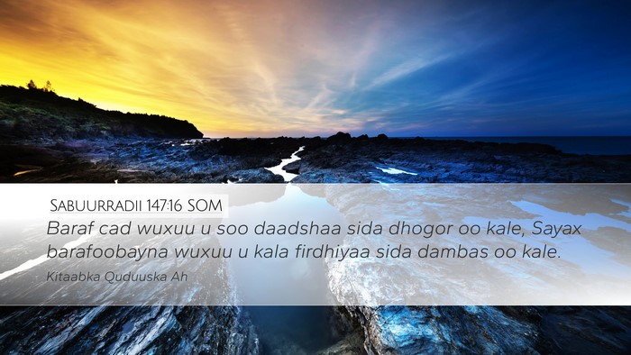 Sabuurradii 147:16 SOM Desktop Wallpaper - Baraf cad wuxuu u soo daadshaa sida dhogor oo - Desktop Bible Verse Wallpaper