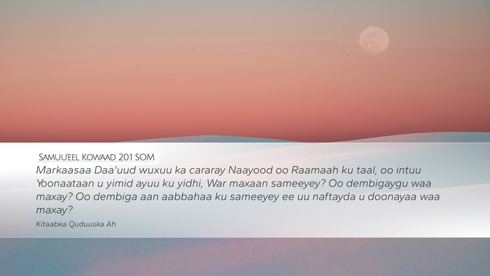 Samuu'eel Kowaad 20:1 SOM Bible Verse Image