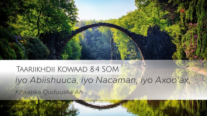 Taariikhdii Kowaad 8:4 SOM Bible Verse Image