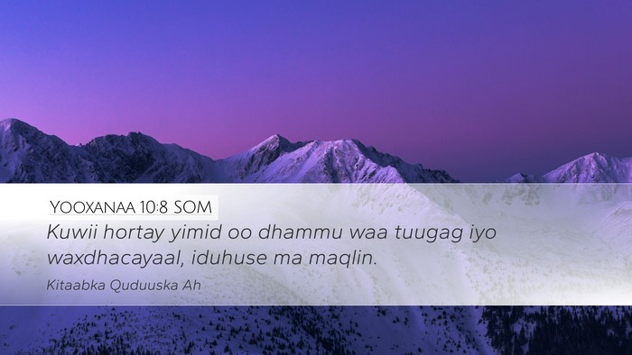 Yooxanaa 10:8 SOM Desktop Wallpaper - Kuwii hortay yimid oo dhammu waa tuugag iyo - Desktop Bible Verse Wallpaper