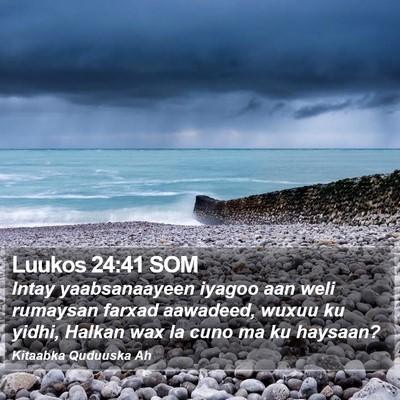 Luukos 24:41 SOM Bible Verse Image