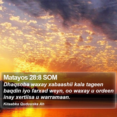 Matayos 28:8 SOM Bible Verse Image