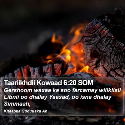 Taariikhdii Kowaad 6:20 SOM Bible Verse Image