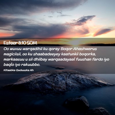 Picture 02 - Esteer 8:10 SOM - Oo wuxuu warqadihii ku qoray Boqor Ahashwerus - Bible Verse Picture
