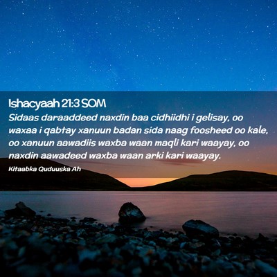 Picture 02 - Ishacyaah 21:3 SOM - Sidaas daraaddeed naxdin baa cidhiidhi i gelisay, - Bible Verse Picture