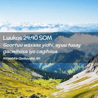 Picture 02 - Luukos 24:40 SOM - Goortuu waxaas yidhi, ayuu tusay gacmihiisa iyo - Bible Verse Picture