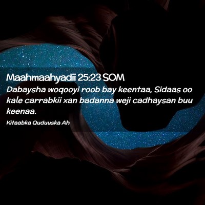 Picture 02 - Maahmaahyadii 25:23 SOM - Dabaysha woqooyi roob bay keentaa, Sidaas oo kale - Bible Verse Picture