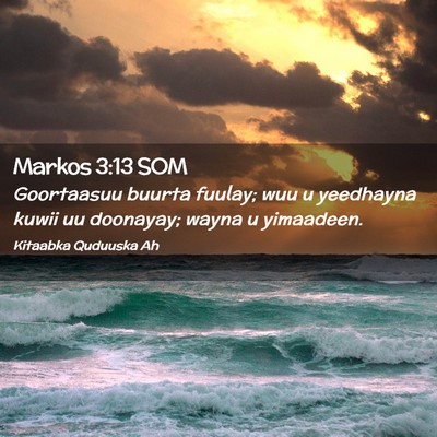 Picture 02 - Markos 3:13 SOM - Goortaasuu buurta fuulay; wuu u yeedhayna kuwii - Bible Verse Picture