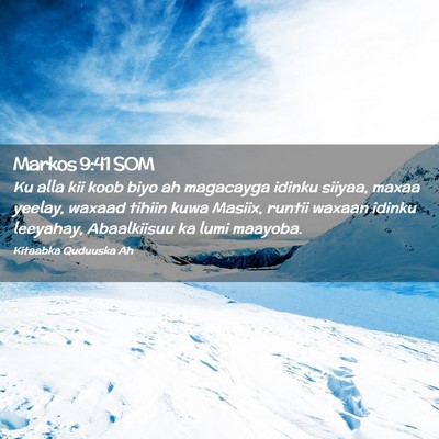 Picture 02 - Markos 9:41 SOM - Ku alla kii koob biyo ah magacayga idinku siiyaa, - Bible Verse Picture
