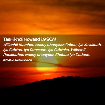 Picture 02 - Taariikhdii Kowaad 1:9 SOM - Wiilashii Kuushna waxay ahaayeen Sebaa, iyo - Bible Verse Picture