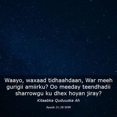 Picture 03 - Ayuub 21:28 SOM - Waayo, waxaad tidhaahdaan, War meeh gurigii - Bible Verse Picture