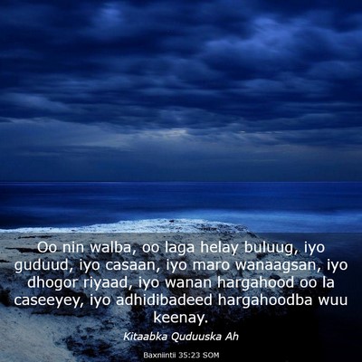 Picture 03 - Baxniintii 35:23 SOM - Oo nin walba, oo laga helay buluug, iyo guduud, - Bible Verse Picture
