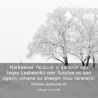 Picture 03 - Bilowgii 31:20 SOM - Markaasaa Yacquub si qarsoon uga tegey Laabaankii - Bible Verse Picture