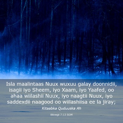 Picture 03 - Bilowgii 7:13 SOM - Isla maalintaas Nuux wuxuu galay doonnidii, - Bible Verse Picture