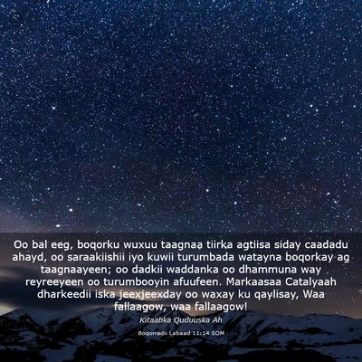 Picture 03 - Boqorradii Labaad 11:14 SOM - Oo bal eeg, boqorku wuxuu taagnaa tiirka agtiisa - Bible Verse Picture