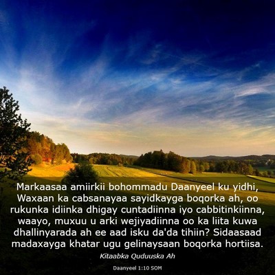 Picture 03 - Daanyeel 1:10 SOM - Markaasaa amiirkii bohommadu Daanyeel ku yidhi, - Bible Verse Picture
