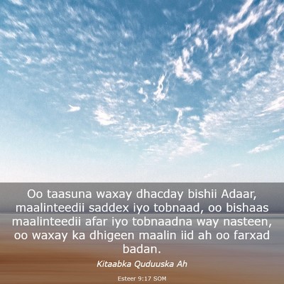 Picture 03 - Esteer 9:17 SOM - Oo taasuna waxay dhacday bishii Adaar, - Bible Verse Picture