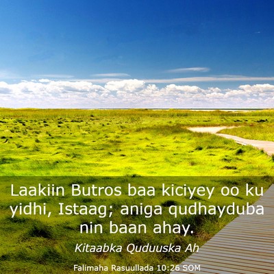 Picture 03 - Falimaha Rasuullada 10:26 SOM - Laakiin Butros baa kiciyey oo ku yidhi, Istaag; - Bible Verse Picture