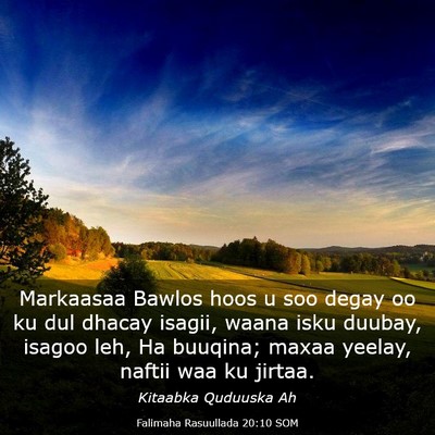 Picture 03 - Falimaha Rasuullada 20:10 SOM - Markaasaa Bawlos hoos u soo degay oo ku dul - Bible Verse Picture