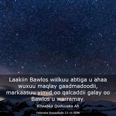Picture 03 - Falimaha Rasuullada 23:16 SOM - Laakiin Bawlos wiilkuu abtiga u ahaa wuxuu maqlay - Bible Verse Picture