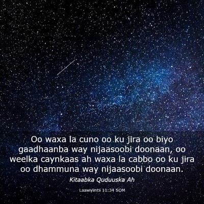 Picture 03 - Laawiyiintii 11:34 SOM - Oo waxa la cuno oo ku jira oo biyo gaadhaanba way - Bible Verse Picture