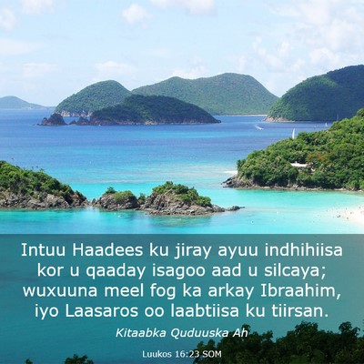Picture 03 - Luukos 16:23 SOM - Intuu Haadees ku jiray ayuu indhihiisa kor u - Bible Verse Picture