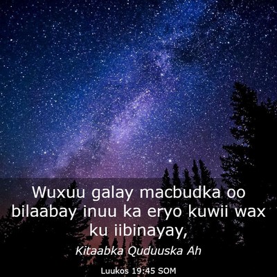 Picture 03 - Luukos 19:45 SOM - Wuxuu galay macbudka oo bilaabay inuu ka eryo - Bible Verse Picture