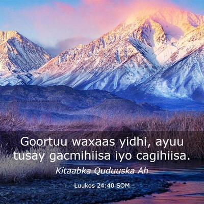 Picture 03 - Luukos 24:40 SOM - Goortuu waxaas yidhi, ayuu tusay gacmihiisa iyo - Bible Verse Picture