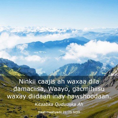 Picture 03 - Maahmaahyadii 21:25 SOM - Ninkii caajis ah waxaa dila damaciisa, Waayo, - Bible Verse Picture