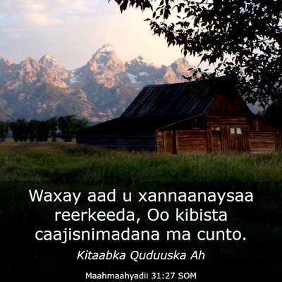Picture 03 - Maahmaahyadii 31:27 SOM - Waxay aad u xannaanaysaa reerkeeda, Oo kibista - Bible Verse Picture
