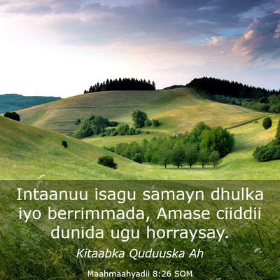 Picture 03 - Maahmaahyadii 8:26 SOM - Intaanuu isagu samayn dhulka iyo berrimmada, - Bible Verse Picture