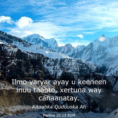 Picture 03 - Markos 10:13 SOM - Ilmo yaryar ayay u keeneen inuu taabto, xertuna - Bible Verse Picture