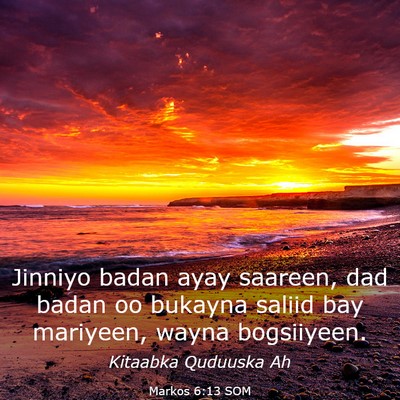 Picture 03 - Markos 6:13 SOM - Jinniyo badan ayay saareen, dad badan oo bukayna - Bible Verse Picture
