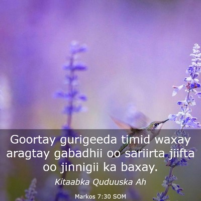 Picture 03 - Markos 7:30 SOM - Goortay gurigeeda timid waxay aragtay gabadhii oo - Bible Verse Picture