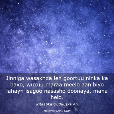 Picture 03 - Matayos 12:43 SOM - Jinniga wasakhda leh goortuu ninka ka baxo, wuxuu - Bible Verse Picture