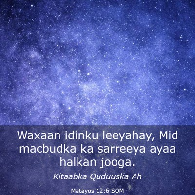 Picture 03 - Matayos 12:6 SOM - Waxaan idinku leeyahay, Mid macbudka ka sarreeya - Bible Verse Picture