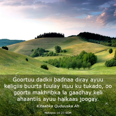 Picture 03 - Matayos 14:23 SOM - Goortuu dadkii badnaa diray ayuu keligiis buurta - Bible Verse Picture