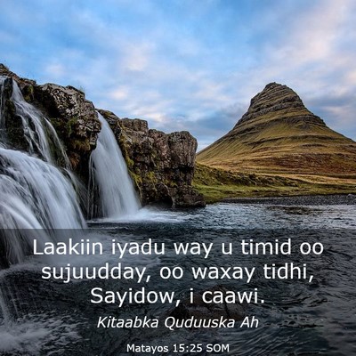 Picture 03 - Matayos 15:25 SOM - Laakiin iyadu way u timid oo sujuudday, oo waxay - Bible Verse Picture