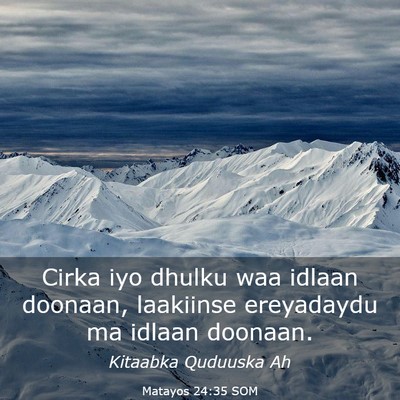 Picture 03 - Matayos 24:35 SOM - Cirka iyo dhulku waa idlaan doonaan, laakiinse - Bible Verse Picture