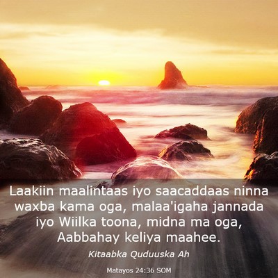 Picture 03 - Matayos 24:36 SOM - Laakiin maalintaas iyo saacaddaas ninna waxba - Bible Verse Picture