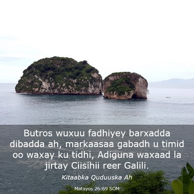 Picture 03 - Matayos 26:69 SOM - Butros wuxuu fadhiyey barxadda dibadda ah, - Bible Verse Picture