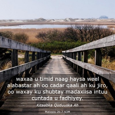 Picture 03 - Matayos 26:7 SOM - waxaa u timid naag haysa weel alabastar ah oo - Bible Verse Picture