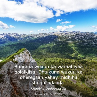 Picture 03 - Sabuurradii 104:13 SOM - Buuraha wuxuu ka waraabiyaa qolalkiisa, Dhulkuna - Bible Verse Picture